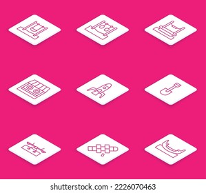 Set line Swing, Gymnastic rings, Bungee, Shooting gallery, Rocket ship, Shovel toy, Seesaw and Hopscotch icon. Vector
