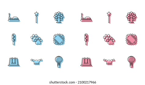 Set line Swing, Jester hat with bells, Bumper car, Hot air balloon, Paw print, Ticket, Corn dog and Magic wand icon. Vector