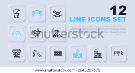 Set line Swing for kids, Jumping trampoline, plane, Sand castle, Sandbox with sand, Slide playground, Playground bridge and Education logic game icon. Vector