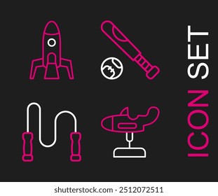 Set line Swing plane, Jump rope, Baseball bat with ball and Rocket ship icon. Vector
