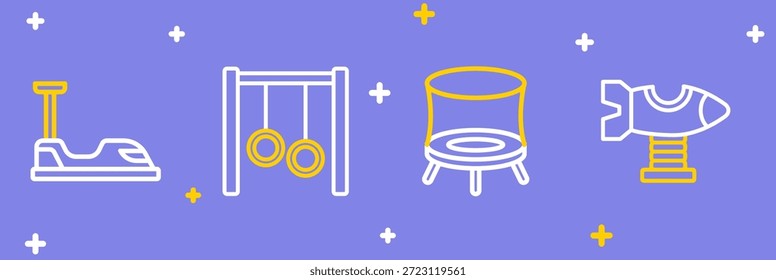 Set line Swing plane, Jumping trampoline, Gymnastic rings and Bumper car icon. Vector