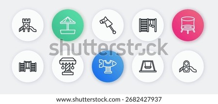 Set line Swing plane, Jumping trampoline, Swedish wall, for kids, Toy horse, Slide playground and Attraction carousel icon. Vector