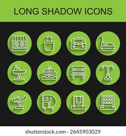 Set line Swing plane, Kid playground slide pipe, Shooting gallery, Tic tac toe game, Attraction carousel, Street light and Bench icon. Vector