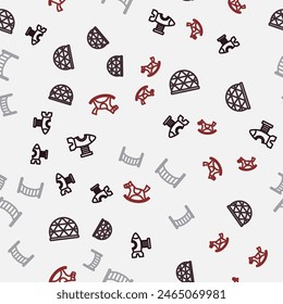 Set line Swing plane, Playground climbing equipment, kids bridge and Horse saddle swing on seamless pattern. Vector