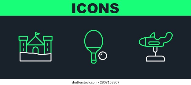 Set line Swing plane, Sand castle and Racket ball icon. Vector