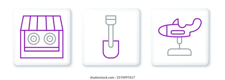 Set line Swing plane, Shooting gallery and Shovel toy icon. Vector