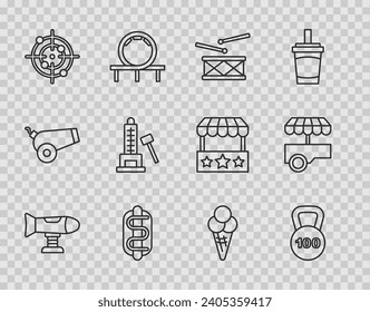 Set line Swing plane, Weight, Drum with drum sticks, Hotdog sandwich, Target sport, Striker attraction hammer, Ice cream waffle cone and Fast street food cart icon. Vector