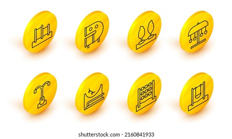 Set Line Swing, Tic Tac Toe Game, Skate Park, Street Light, Attraction Carousel, Forest, Kid Playground Slide Pipe And Horizontal Bar Icon. Vector