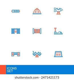 Set line Swings for kids, car, Playground bridge, Bumper, Swedish wall, Education logic game, plane and climbing equipment icon. Vector