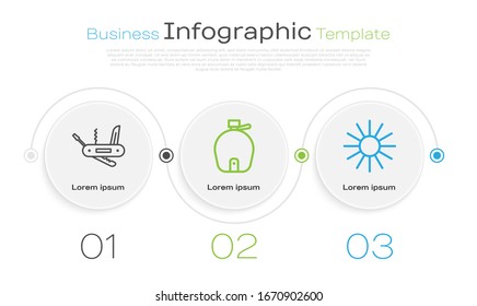 Set line Swiss army knife, Canteen water bottle and Sun. Business infographic template. Vector