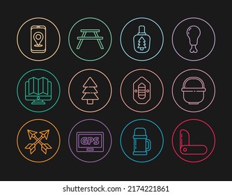 Set line Swiss army knife, Camping pot, Canteen water bottle, Tree, Location of the forest monitor, City map navigation, Rafting boat and Picnic table with benches icon. Vector