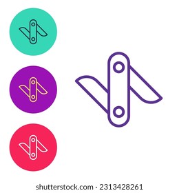 Fijar la línea del icono del cuchillo del ejército suizo aislado en fondo blanco. Cuchillo multiherramienta multipropósito. Herramienta multifuncional. Indique los iconos en colores. Vector