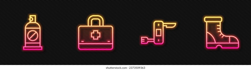 Set line Swiss army knife, Spray against insects, First aid kit and Hunter boots. Glowing neon icon. Vector