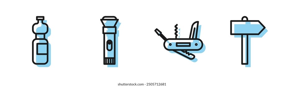 Set line Swiss army knife, Bottle of water, Flashlight and Road traffic signpost icon. Vector