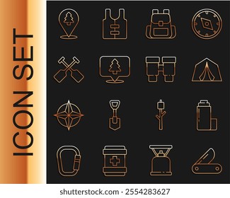 Set line Swiss army knife, Thermos container, Tourist tent, Hiking backpack, Location of the forest, Paddle,  and Binoculars icon. Vector