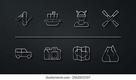 Set line Swiss army knife, Car, Oars or paddles boat, Map of Iceland, Photo camera, Viking ship Drakkar, Mountains and head icon. Vector