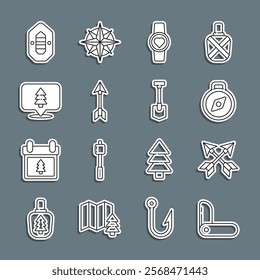 Set line Swiss army knife, Crossed arrows, Compass, Smart watch showing heart beat rate, Hipster, Location of the forest, Rafting boat and Shovel icon. Vector