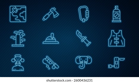 Set line Swiss army knife, Hunting jacket, Carabiner, Hunter hat, African tree, safari map,  and Wooden axe icon. Vector