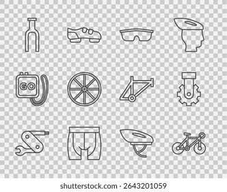 Set line Swiss army knife, Bicycle, Sport cycling sunglasses, Cycling shorts, fork, wheel, helmet and Derailleur bicycle rear icon. Vector