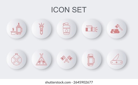 Set line Swiss army knife, Canteen water bottle, Thermos container, Flashlight, Tourist tent and Crossed wooden axe icon. Vector
