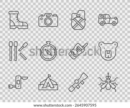 Set line Swiss army knife, Mosquito, Canteen water bottle, Tourist tent, Hunter boots, Compass, Sniper optical sight and Bear head icon. Vector