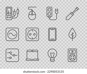 Set line Switch in electronic circuit, Music player, Electric extension, Laptop, Ampere meter, multimeter, Electrical outlet, Creative lamp light idea and Leaf Eco symbol icon. Vector