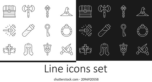 Set line Sword with blood, Magic stone ring, wand, Bottle potion, arrow, Chest, Old key and Medieval poleaxe icon. Vector