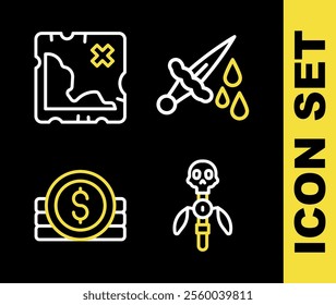 Set line Sword with blood, Magic staff, Ancient coin and Pirate treasure map icon. Vector