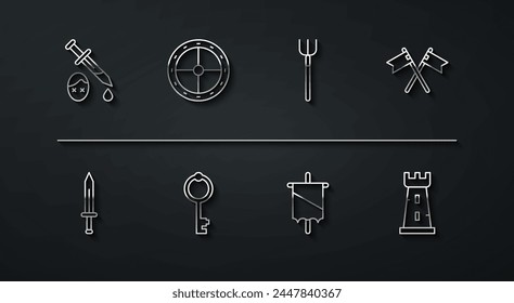 Set line Sword with blood, Medieval sword, Crossed medieval flag, Old key, Round wooden shield, Castle tower and Garden pitchfork icon. Vector