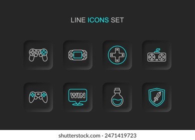 Video Set line Espada para juego, Botella con elixir mágico, Medalla, Joystick de mando de juego, Portátil Vector