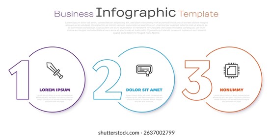 Set line Sword for game, Certificate template and Processor with CPU. Business infographic template. Vector