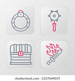Fijar la línea Espada para el juego, el pecho, la bola de macizo encadenada medieval y el icono del anillo de piedra mágica. Vector