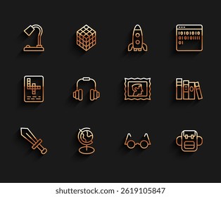 Set line Sword for game, Earth globe, Table lamp, Eyeglasses, School backpack, Headphones, Book and Postal stamp icon. Vector