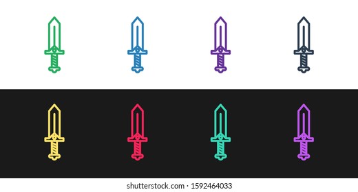 Set line Sword for game icon isolated on black and white background.  Vector Illustration