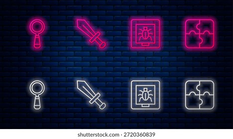 Set-Linie Schwert für Spiel, Insekten im Rahmen, Vergrößerungsglas und Puzzleteil. Leuchtendes Neonsymbol an der Ziegelwand. Vektorgrafik