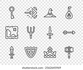 Set line Sword for game, Medieval axe, Witch hat, Shield, Old key, Neptune Trident, King crown and Arrow icon. Vector