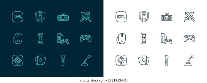 Fije la espada de la línea para el juego, jugando a las tarjetas, consola de juego con el joystick, regulador de VR, reloj de arena viejo, nivel e icono del escudo del ajedrez. Vector