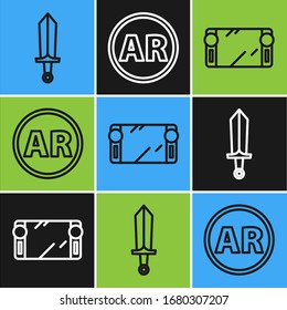 Establecer la línea Espada para juego, consola de videojuegos portátil y Ar, icono de realidad aumentada. Vector
