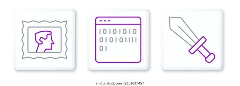 Establecer línea de espada para el juego, sello postal e icono de código binario. Vector