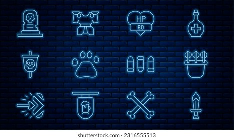 Das Schwert für das Spiel setzen, Quiver mit Pfeilen, Video-Bar, Bärenpflaster-Fußabdruck, Piratenflagge, Grab-Grabstein, Kugel- und Körperpanzer-Symbol. Vektorgrafik