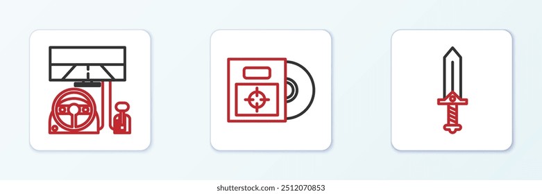 Establecer la línea de espada para el juego, simulador de carreras cockpit y CD DVD icono de la caja de disco. Vector