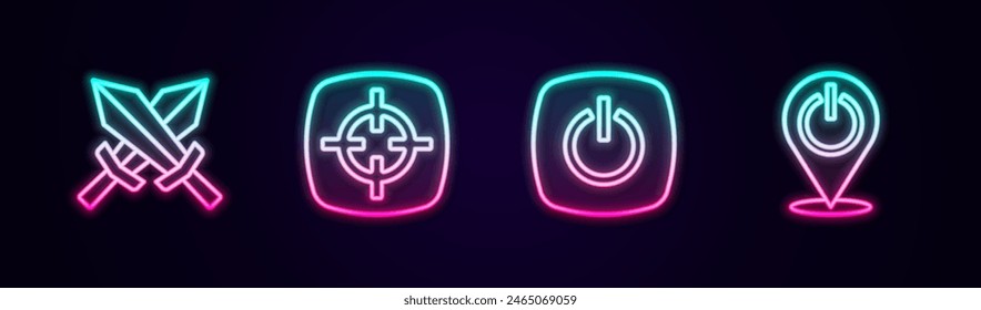 Set line Schwert für Spiel, Zielsport, Power Button und . Leuchtendes Neon-Symbol. Vektorgrafik