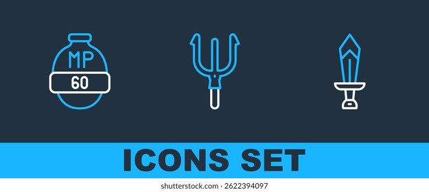 Video Establecer la línea de espada para el juego, barra y Neptune Trident icono. Vector