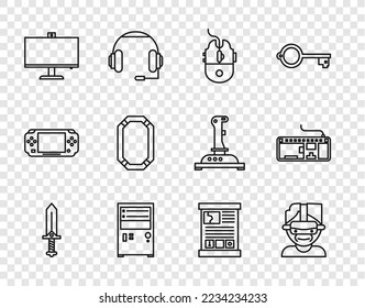 Set line Sword for game, Virtual reality glasses, Computer mouse gaming, monitor, Poker table, Game guide and keyboard icon. Vector