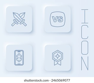 Set line Sword for game, VS Versus battle, Mobile gaming and Game rating with medal. White square button. Vector