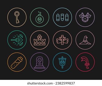 Set line Sword for game, Witch hat, Bullet, King crown, Magic arrow, Old key, Christian cross and Bomb ready to explode icon. Vector