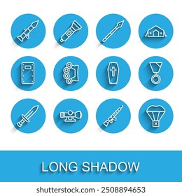 Set line Sword, Sniper optical sight, Rocket launcher, rifle with scope, Box flying on parachute, Brass knuckles, Military reward medal and Coffin cross icon. Vector
