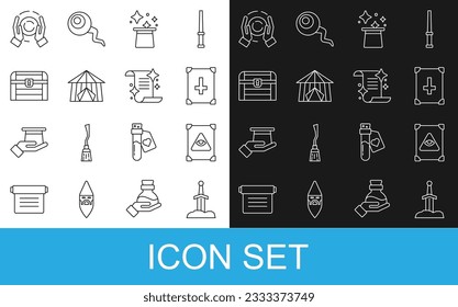 Set line Sword in the stone, Ancient magic book, Magic hat, Circus tent, Antique treasure chest, ball hand and  icon. Vector