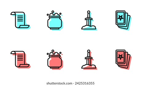 Set line Sword in the stone, Ancient magic book, Witch cauldron and Three tarot cards icon. Vector