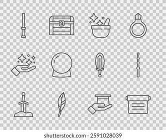 Set line Sword in the stone, Ancient magic book, Witch cauldron, Magic feather, wand, ball, Magician hat hand and  icon. Vector